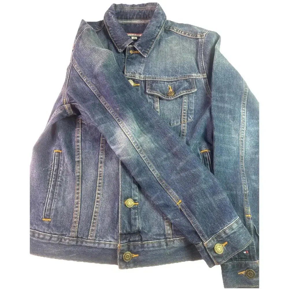 Tommy Hilfiger Denim Trucker Jacket Mens Distressed Blue Medium Wash Size medium